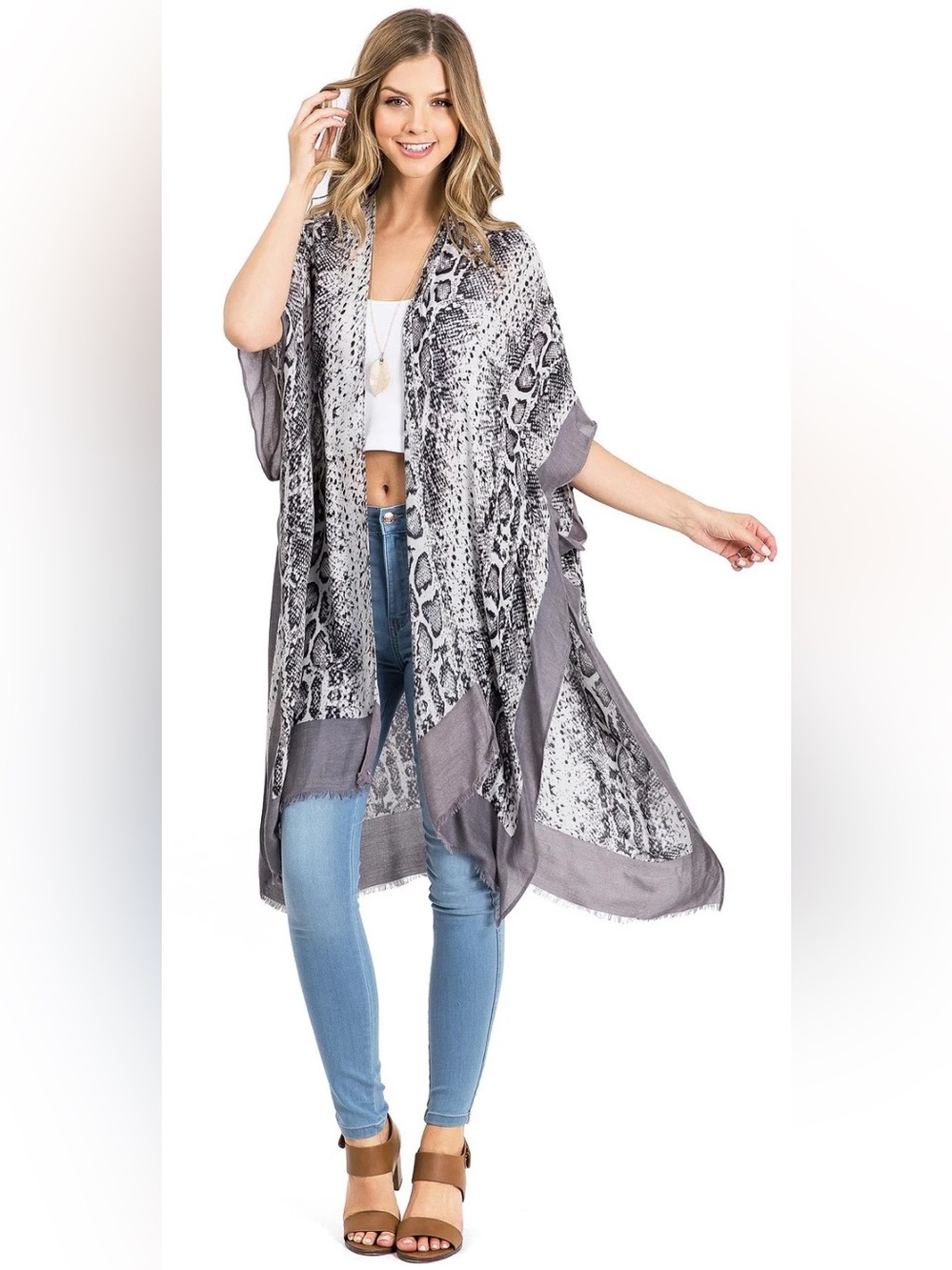 NWOT Nicole Miller New York, Snake-Print Open Front Kimono Duster - Gray
